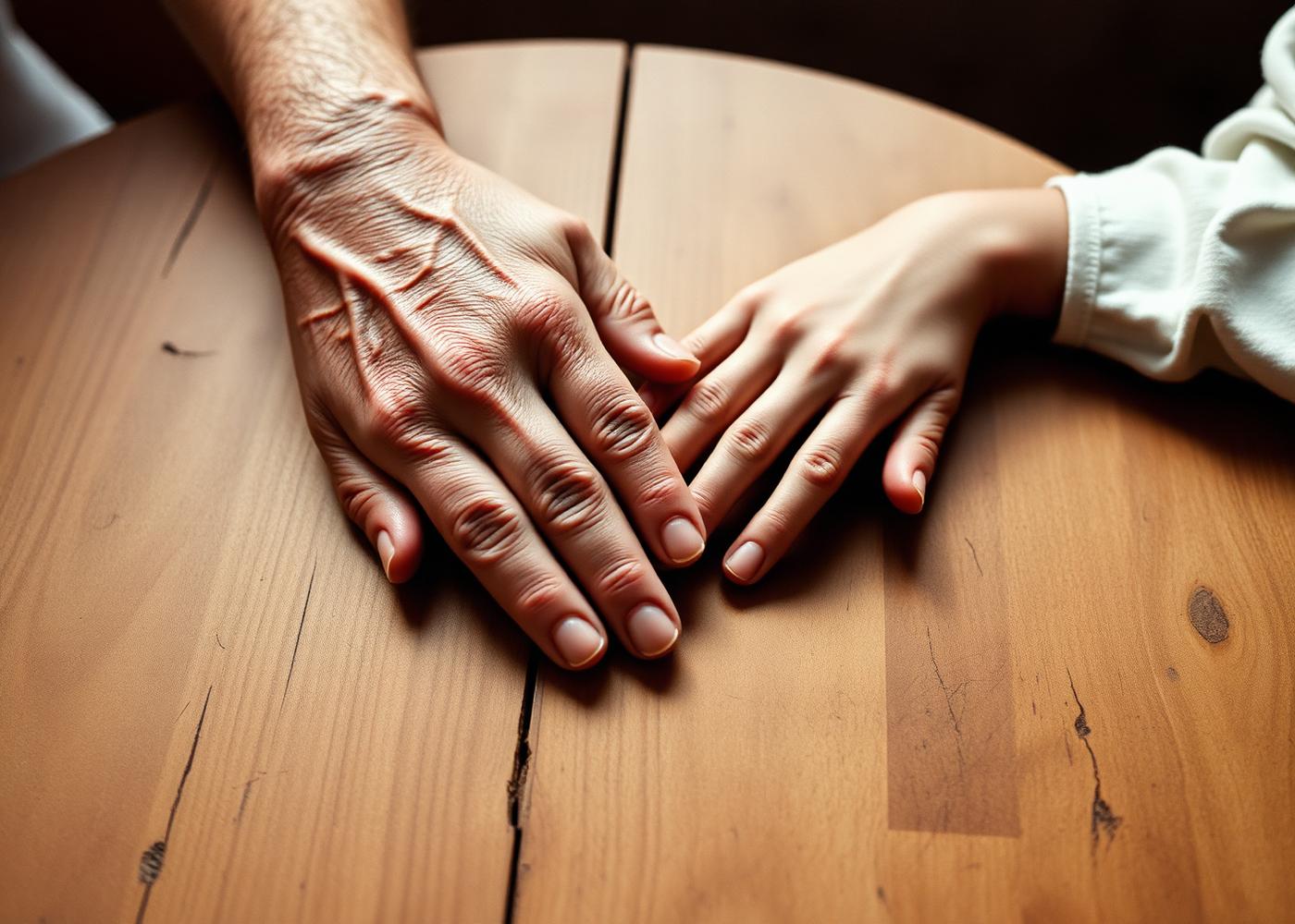 An older hand and a younger hand resting together on a wooden table