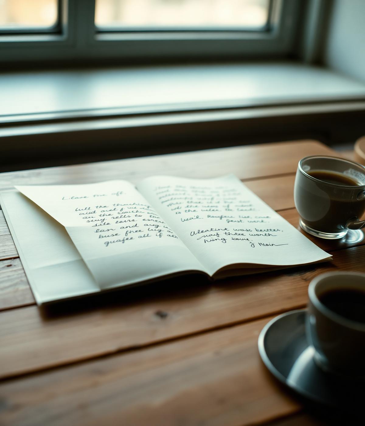 A handwritten letter on a wooden table beside coffee